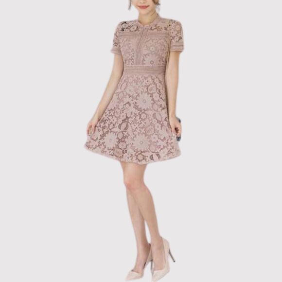 Chicwish Womens Dress Beige Floral Lace Mini Short Sleeve A Line Boho Small - Picture 2 of 11